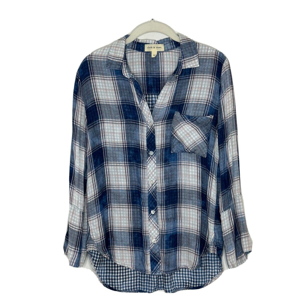 CLOTH & STONE Blue Pink Plaid Front Pocket Hi Low Button Down Top Blouse Sz XS